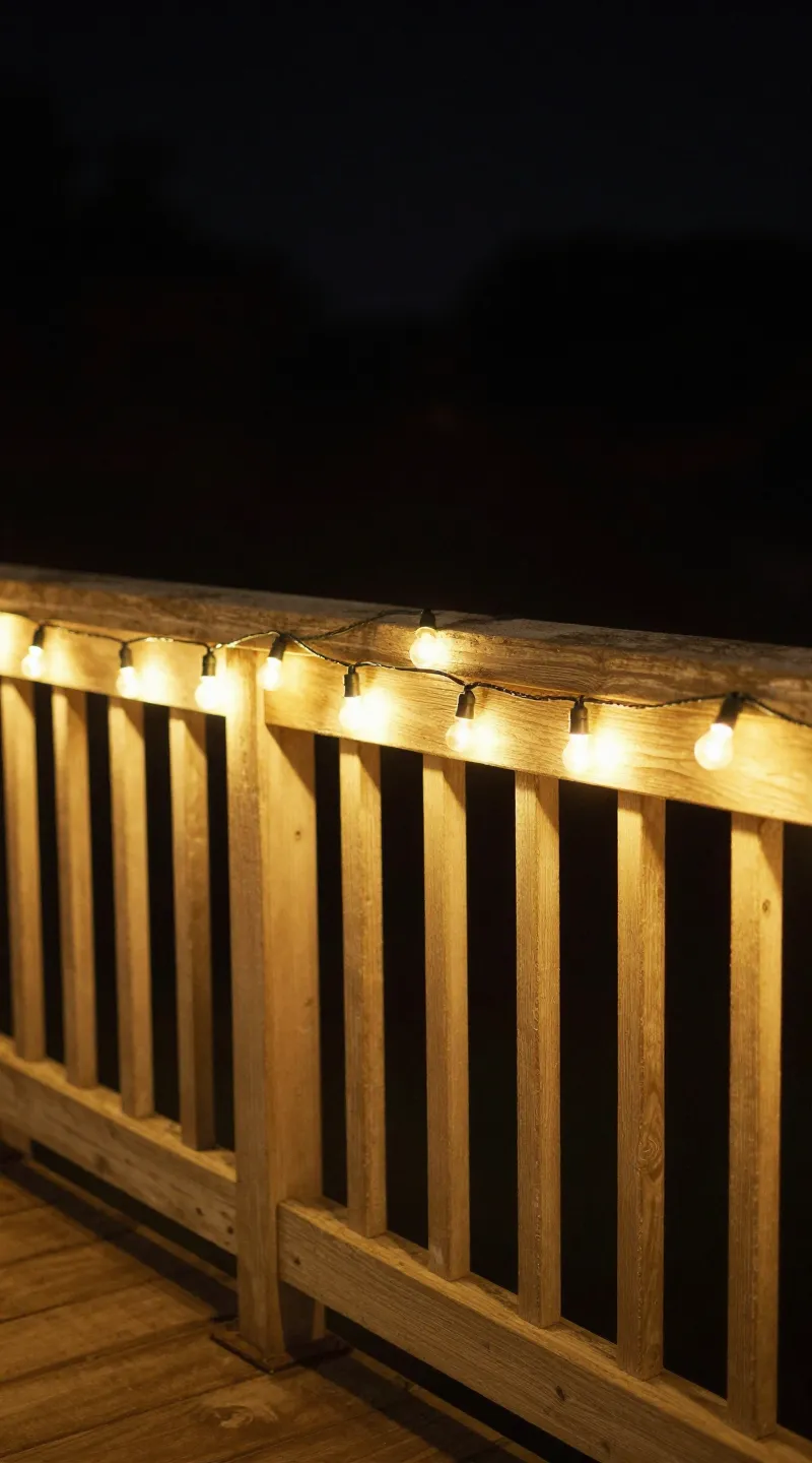 Warm 3000K fairy lights around wooden patio railing