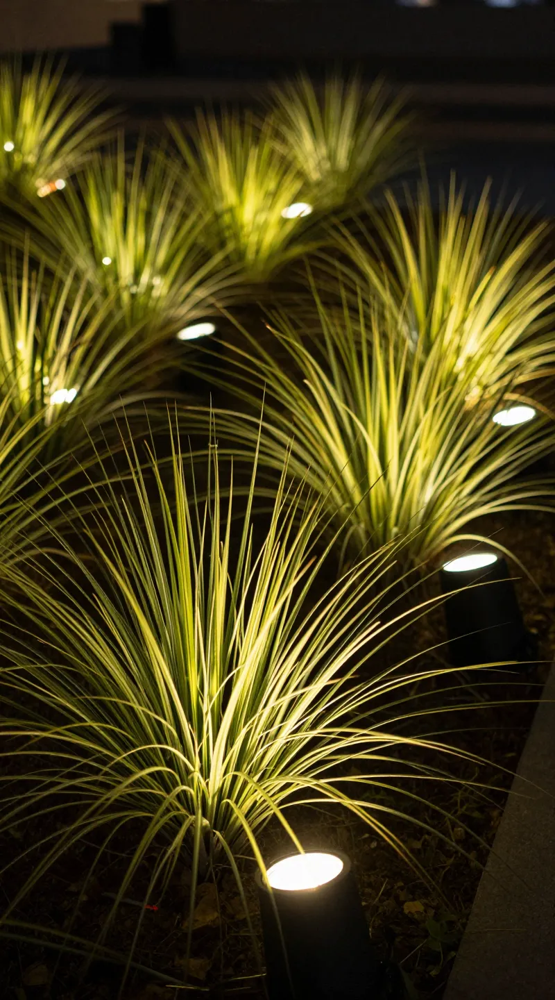 Small ground spotlights illuminating ornamental grasses at night