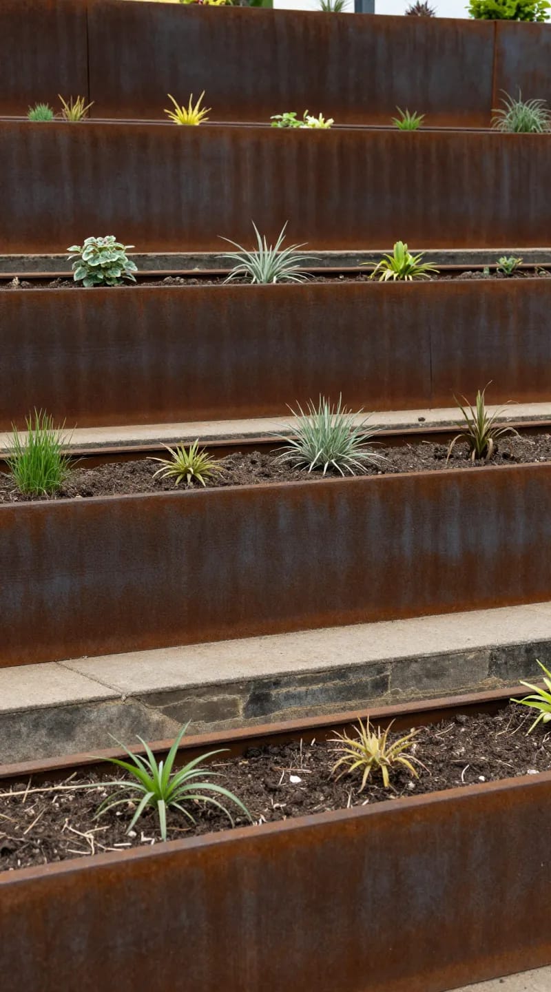 tiered raised beds with corten steel planters, side view