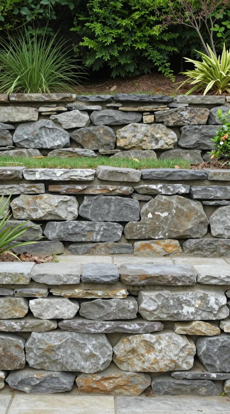 small dry-stone retaining wall creating two garden levels