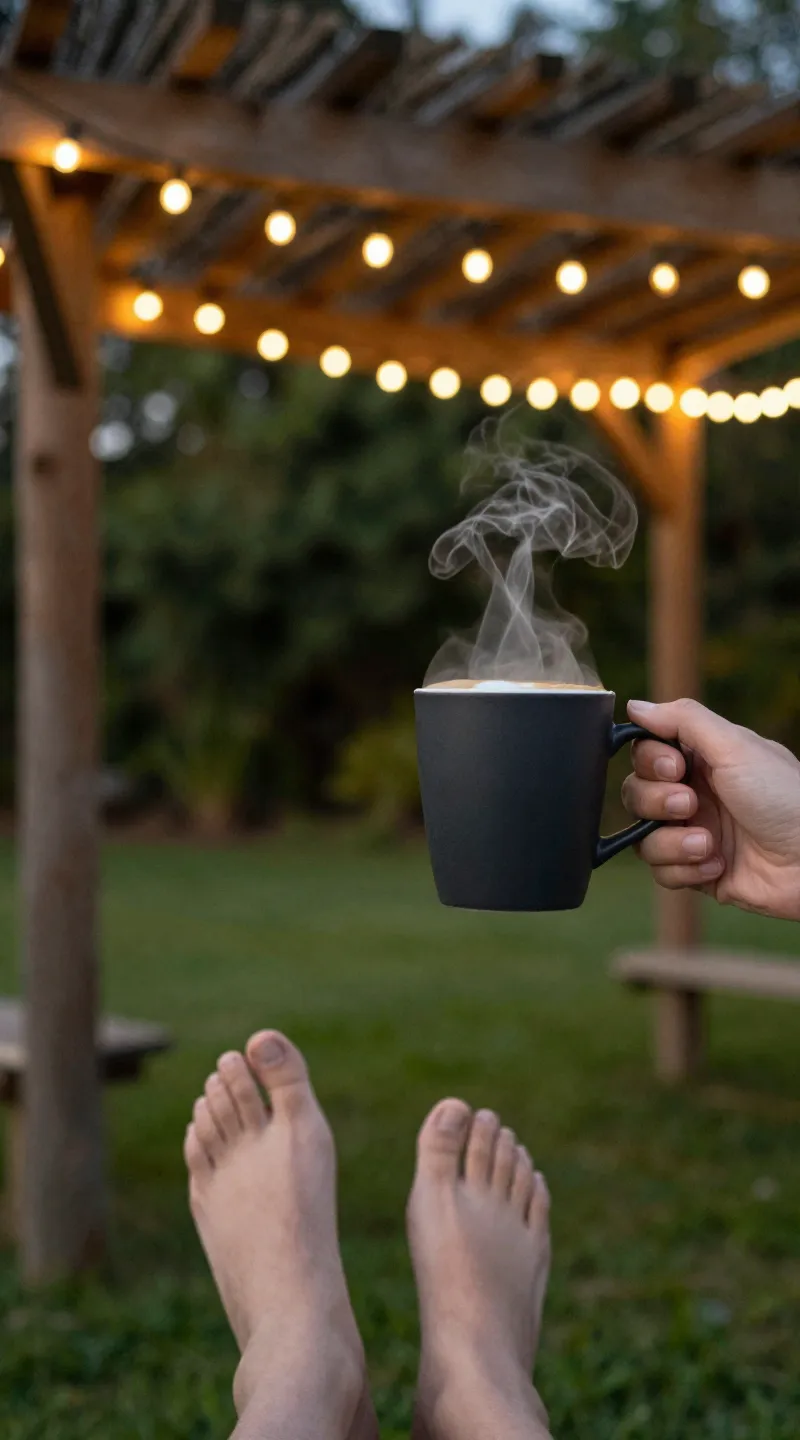 Warm fairy lights on pergola, steaming coffee cup, barefoot grass