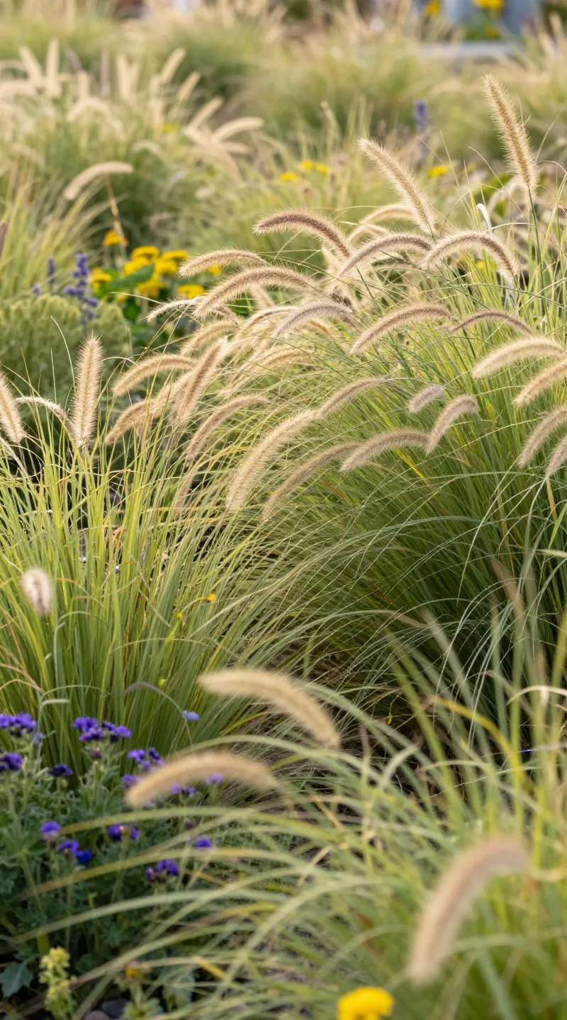 mixed perennials and ornamental grasses swaying, soft morning light