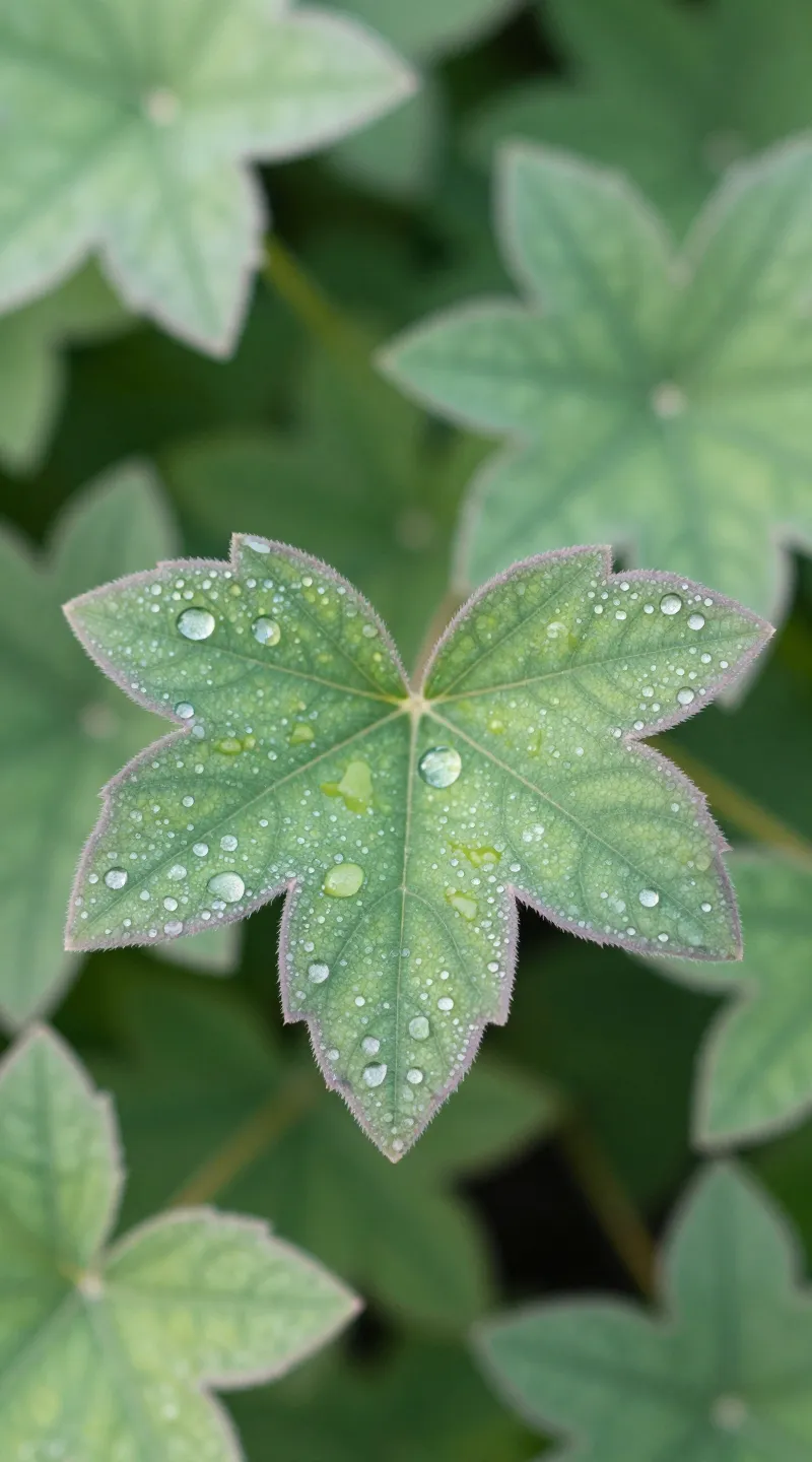 Frauenmantel leaves with morning dew, soft border planting