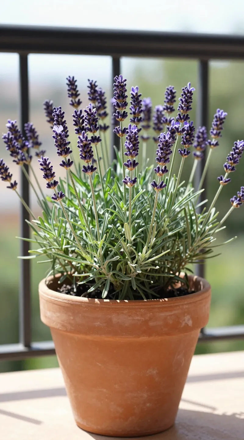 Drought-tolerant lavender in terracotta pot on balcony