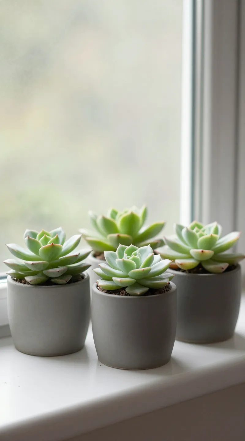 Succulent trio in matte planters, sunny windowsill