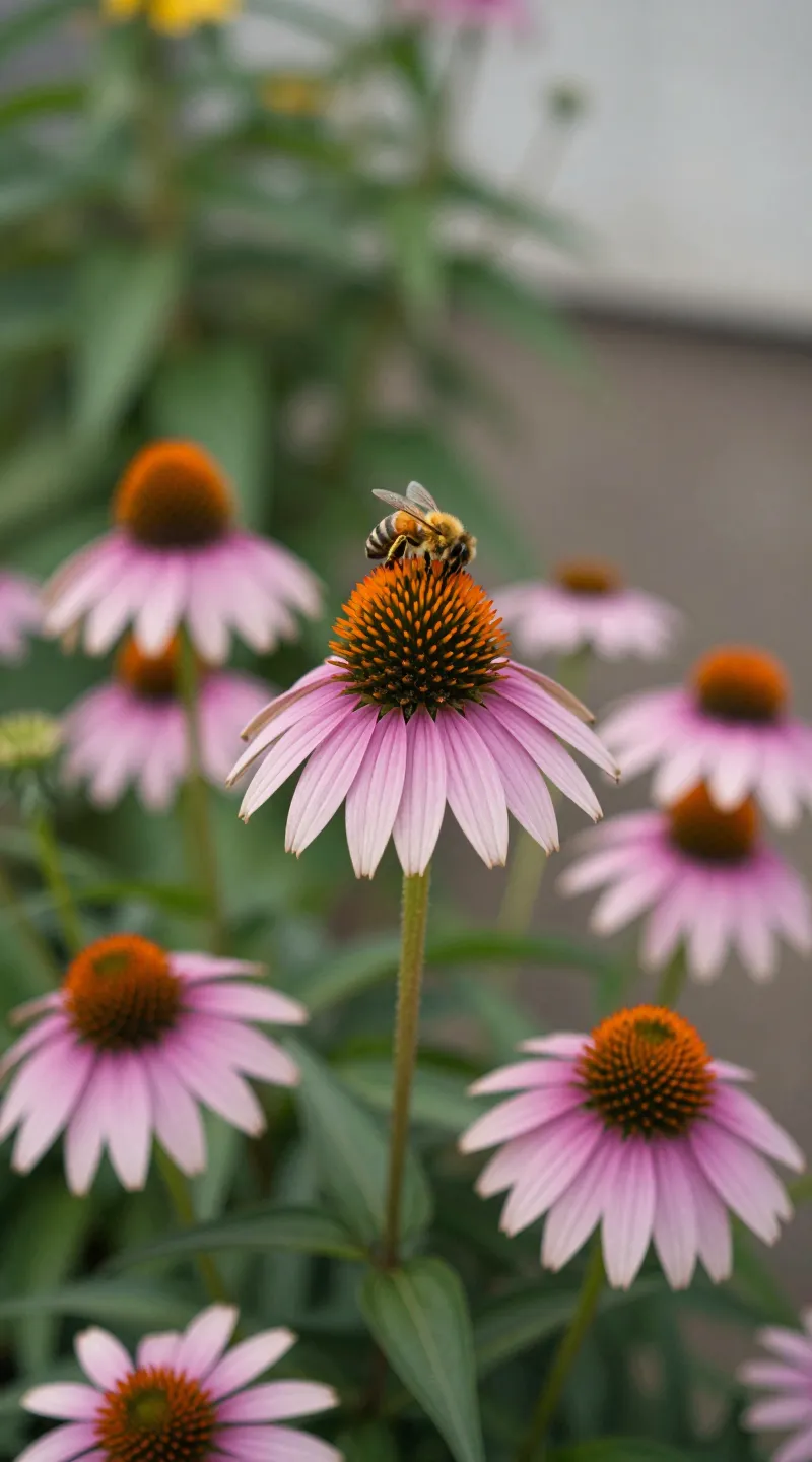 Bee-friendly echinacea blooms in small urban garden