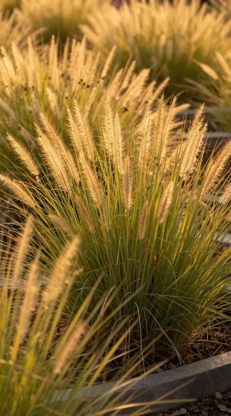Ornamental grasses in raised bed, golden evening light