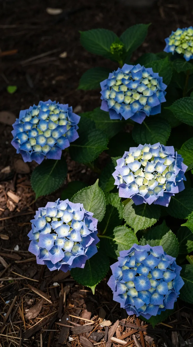Hydrangea in dappled morning light, mulched soil close-up