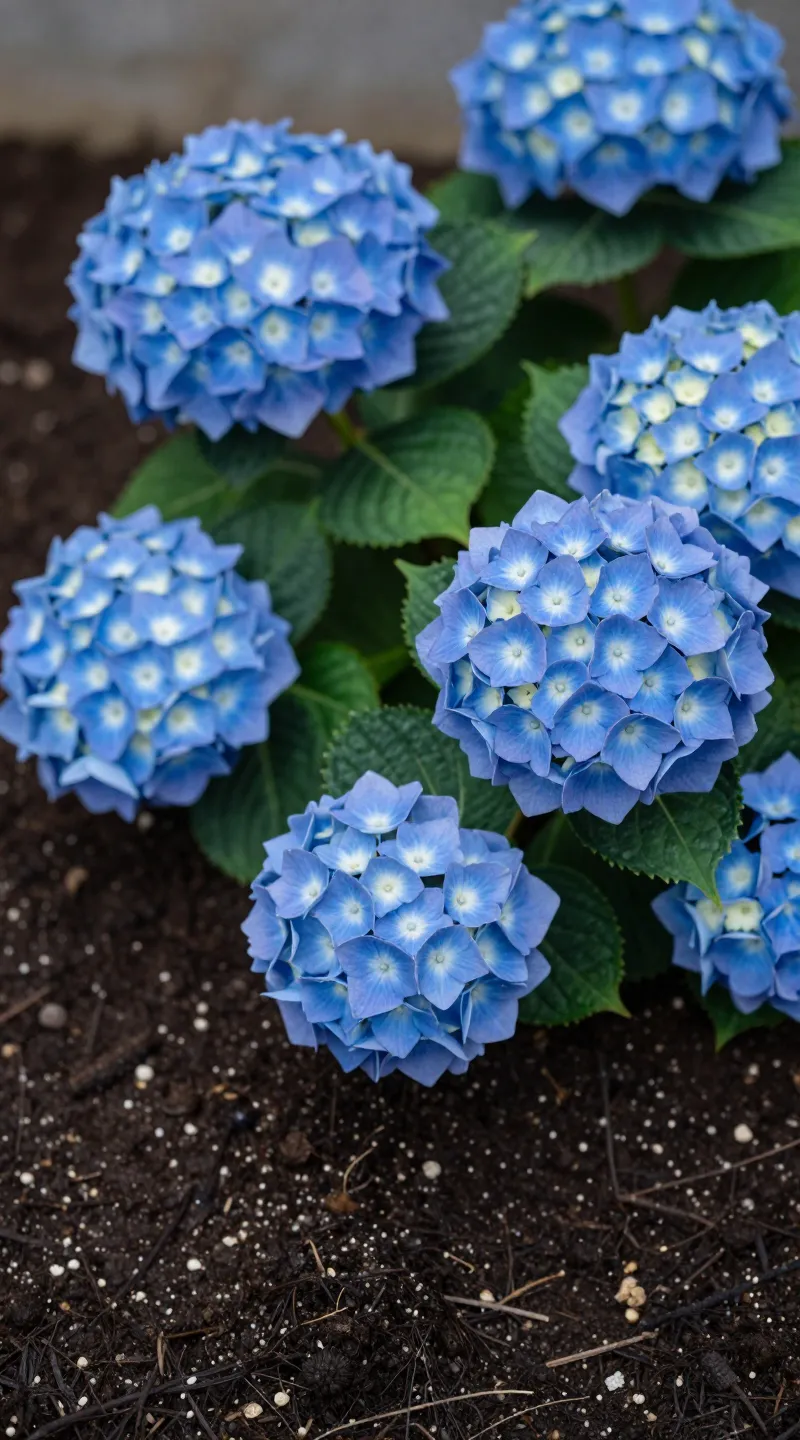 Blue hydrangea in humus-rich soil with perlite visible