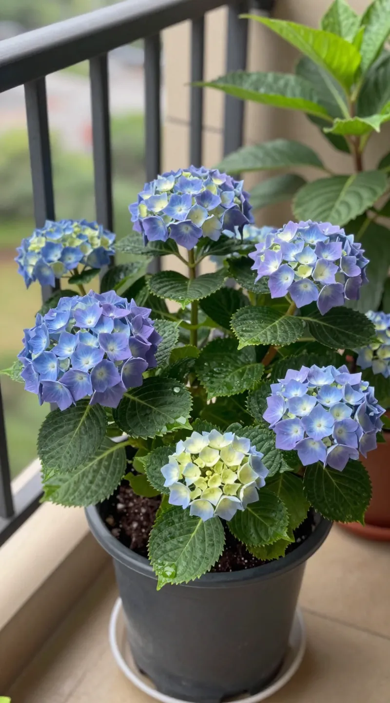 Potted hydrangea on balcony, partial shade, moist soil