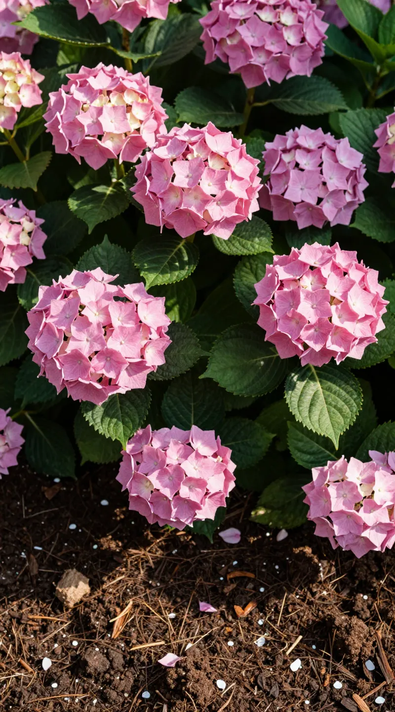 Pink hydrangea blossoms, morning sun, compost mixed bed