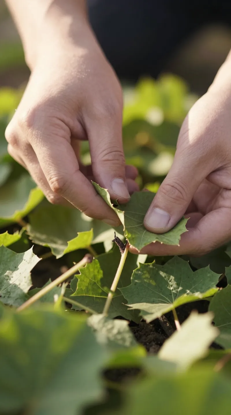 Gardener removing old leaves, soft morning sunlight, macro