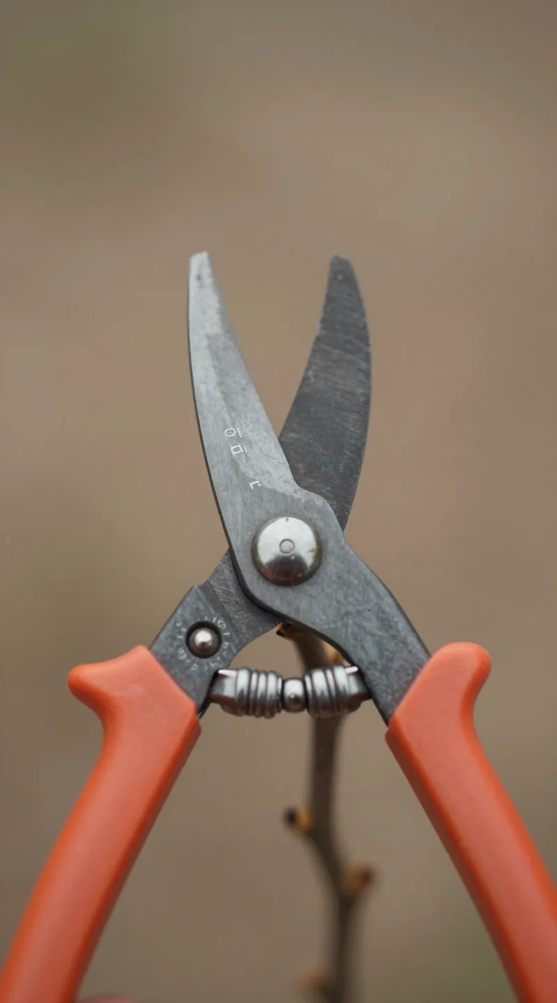Sharp pruning shears cutting dead stems, shallow depth of field