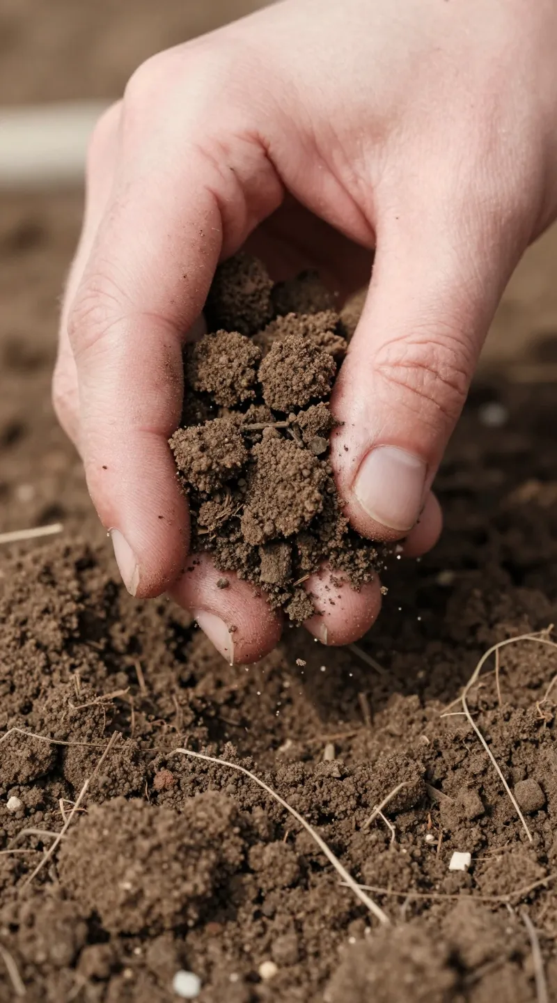 Hand testing crumbly garden soil, close-up, natural light