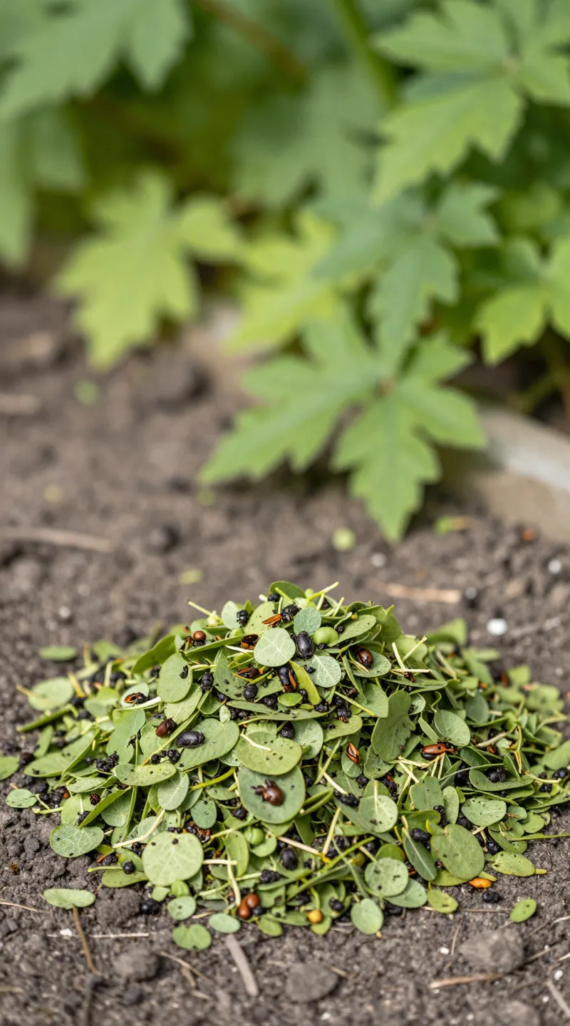 Small leaf pile in garden corner for insects, spring ambiance