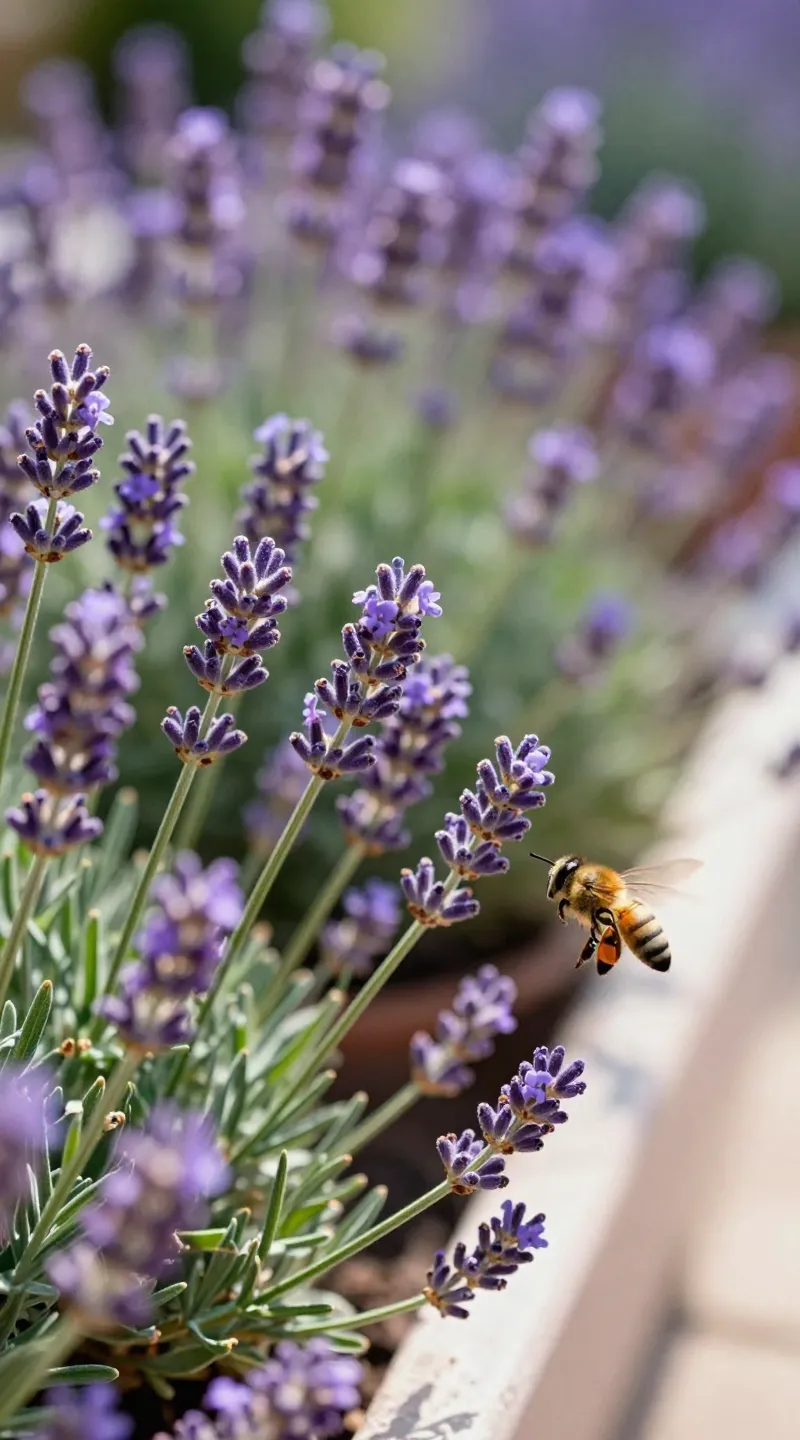 Lavender bushes on sunny balcony, bees hovering