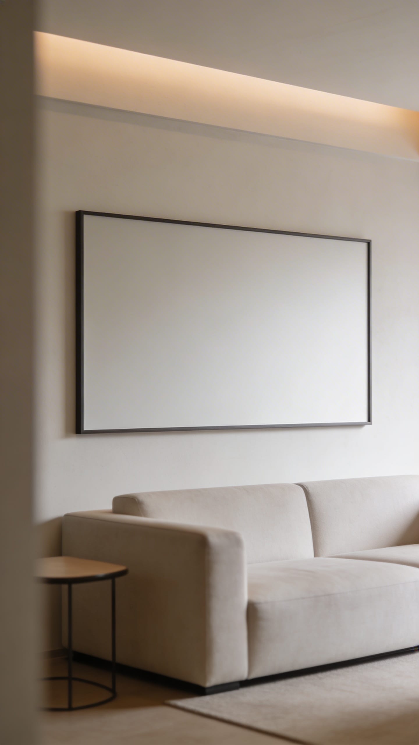 Matte ALR screen framed like artwork in minimalist living room