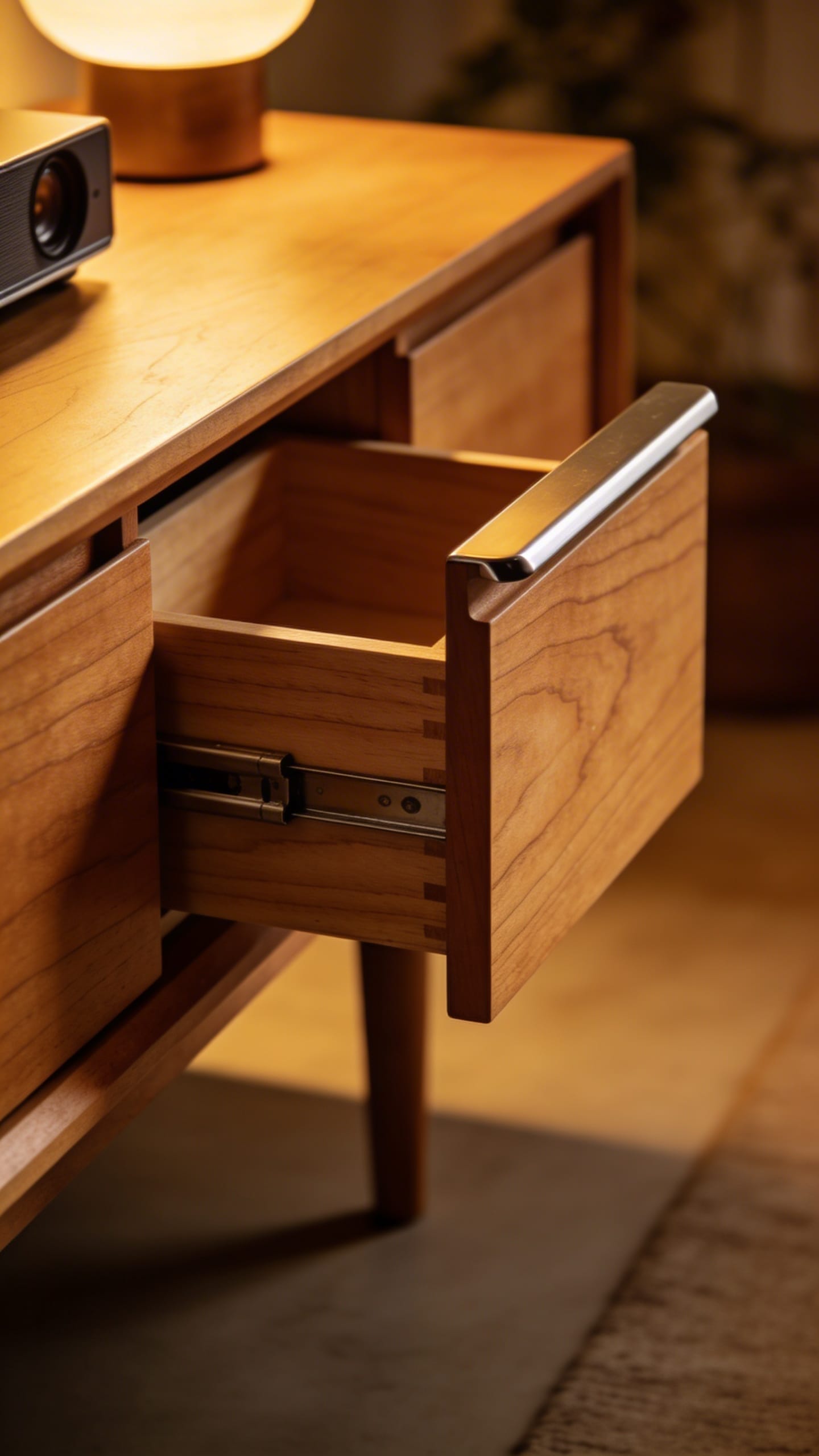 Hidden projector drawer open in oak lowboard, soft ambient light
