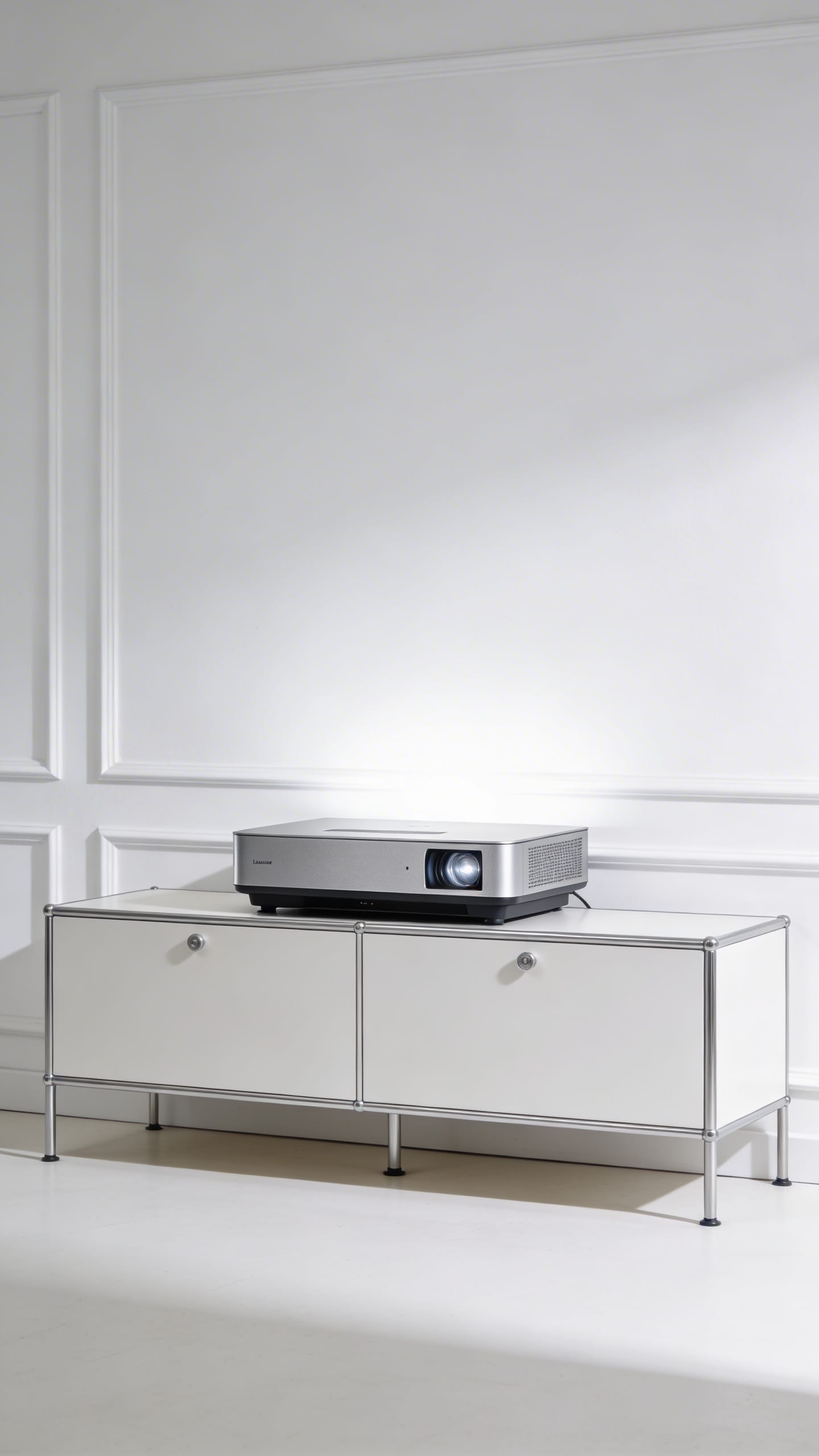 Ultra short throw Laser TV on low console, white minimalist wall