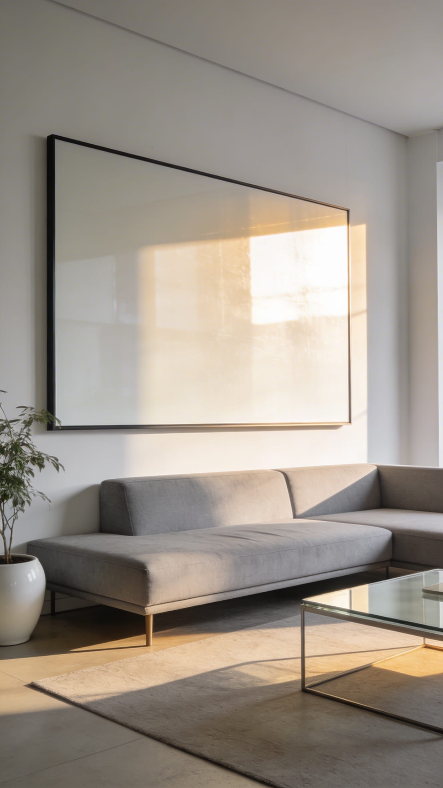 Ambient light rejecting screen in sunlit minimalist lounge