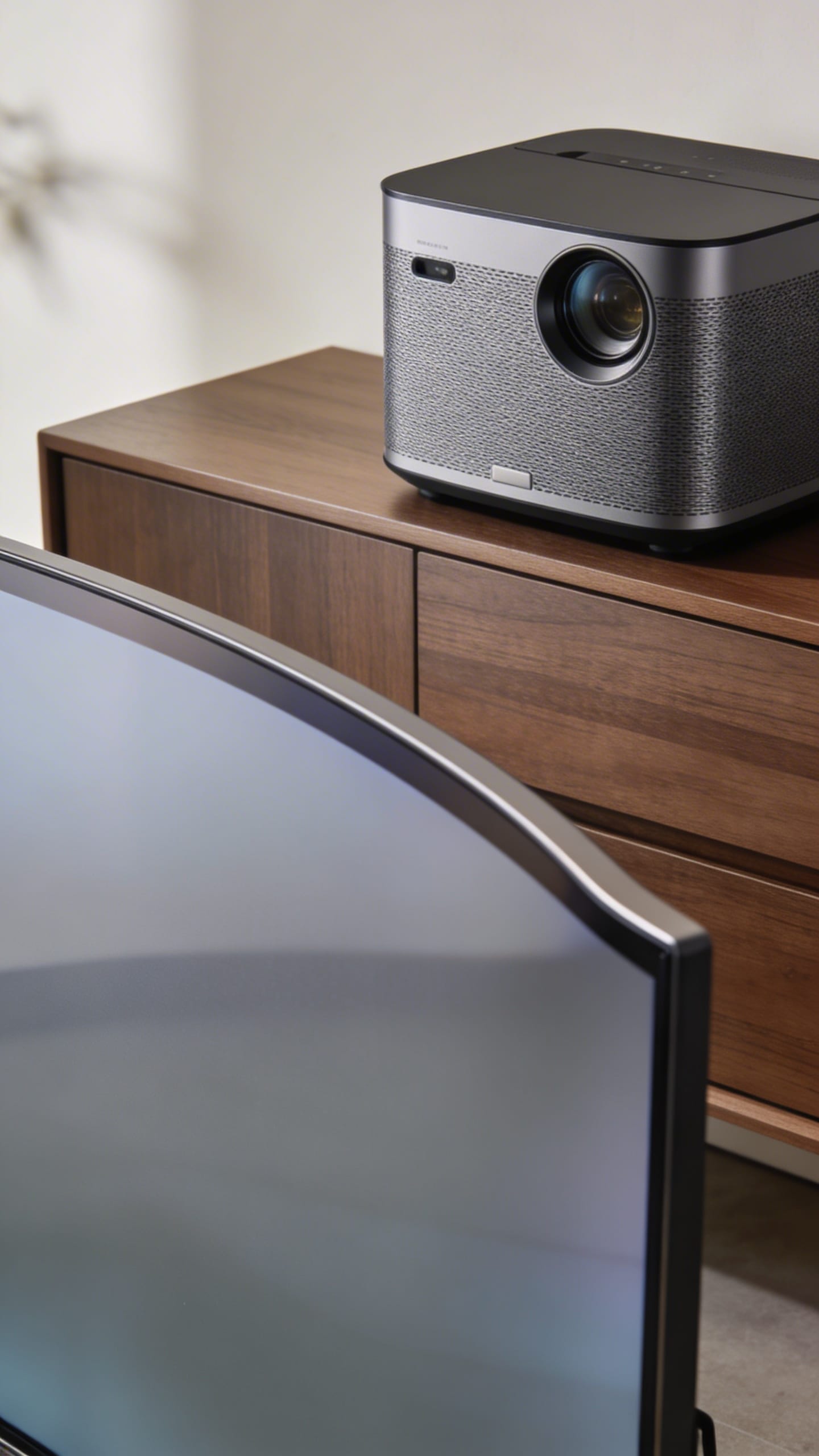 Ultra short throw laser TV on credenza, 120-inch ALR screen