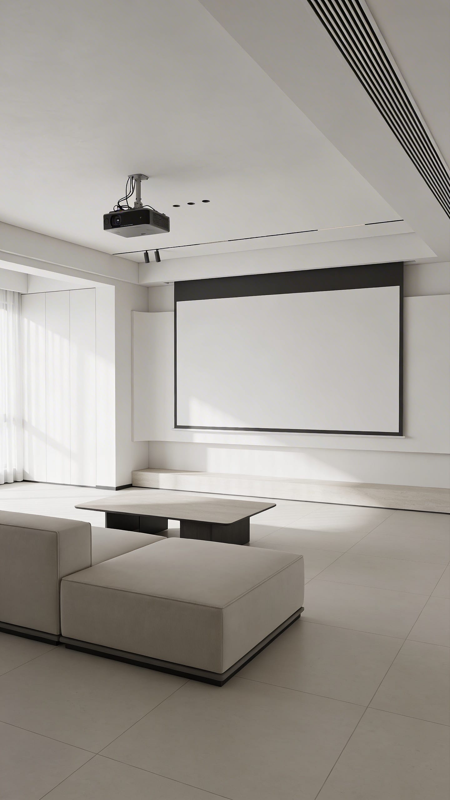 Minimalist living room, daylight, hidden cables, laser TV projection