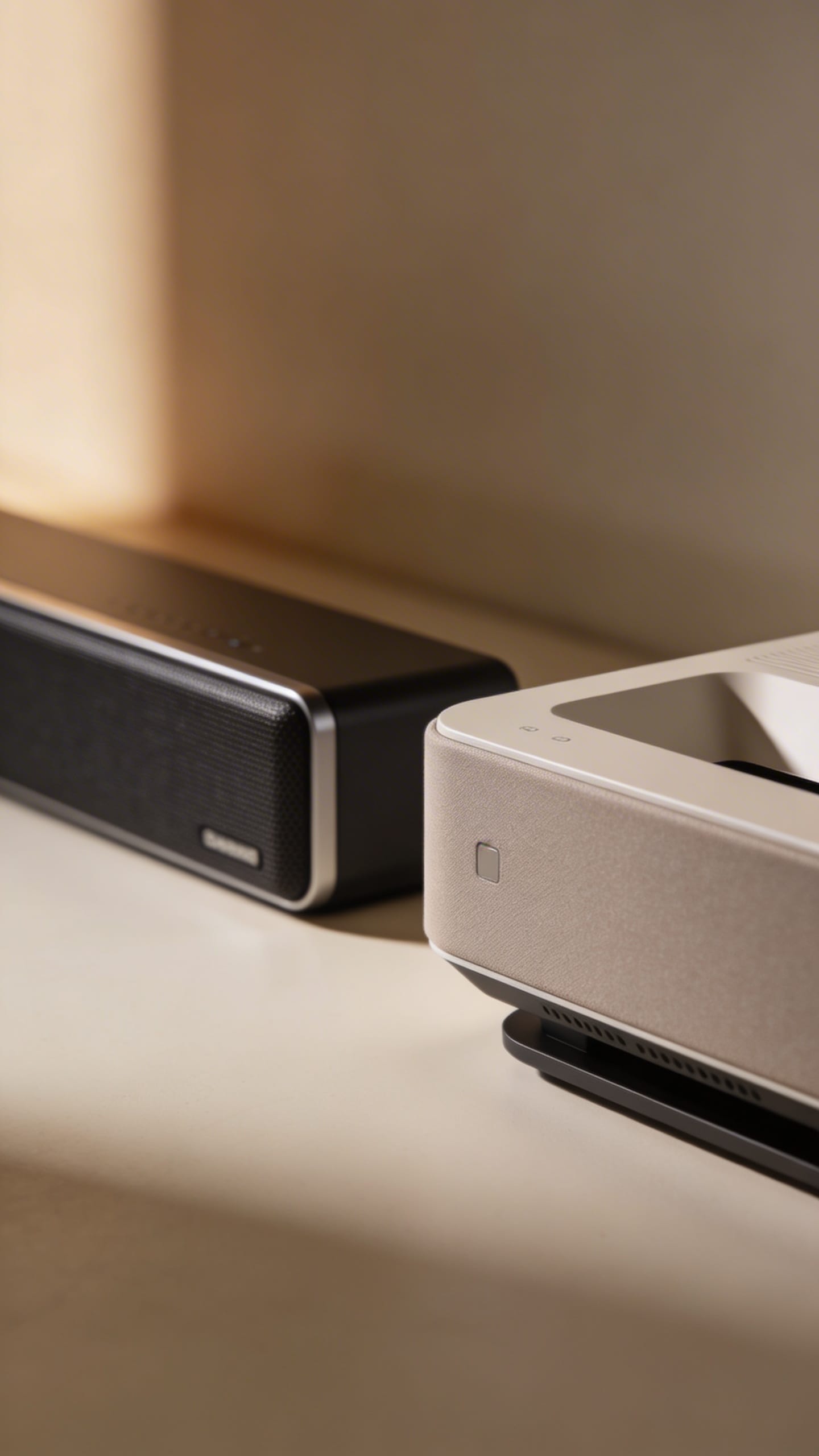 Laser TV close-up beside soundbar, matte wall, soft ambient light
