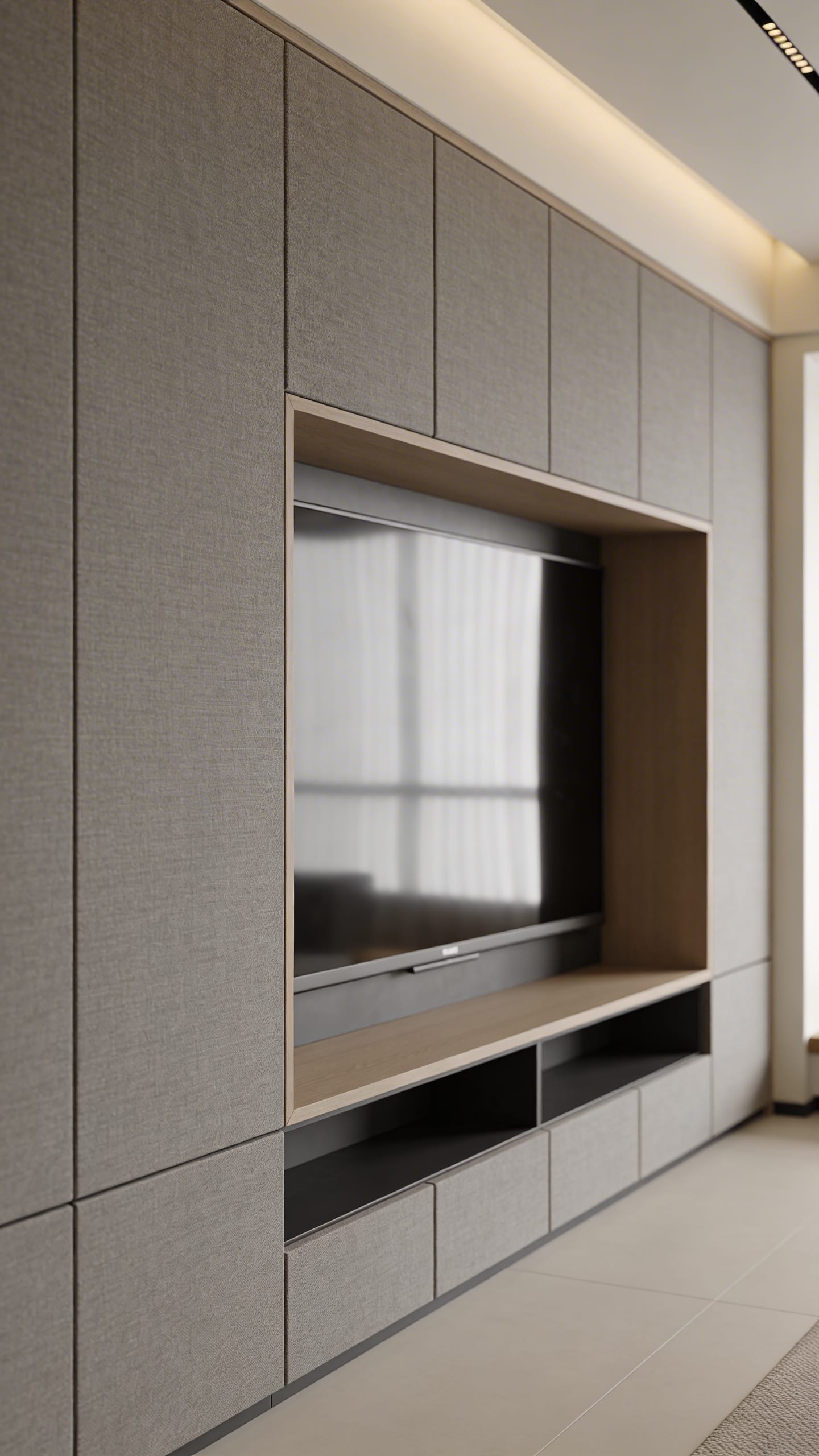 Contemporary media console with laser TV, fabric paneling, tidy setup